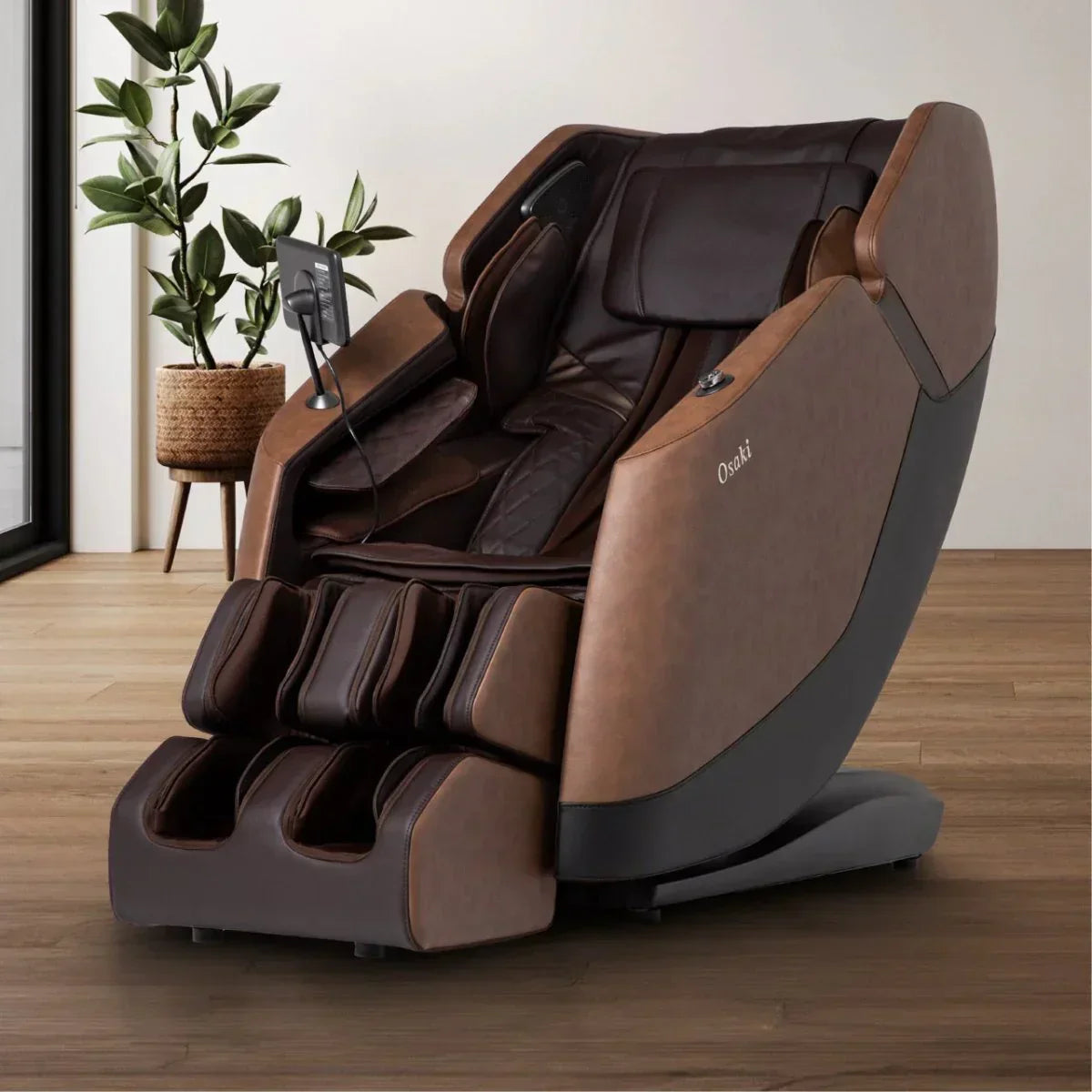 Luxurious Osaki massage chair in brown leather with advanced features, set in a modern living space.